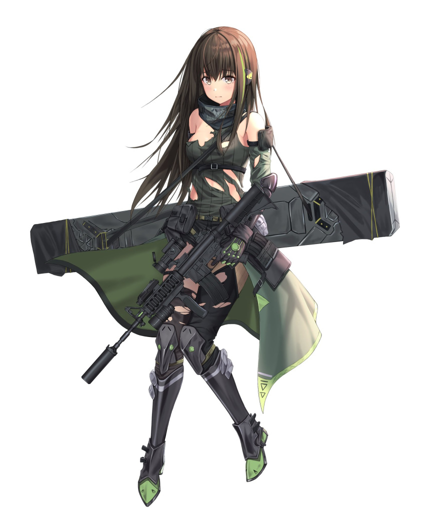 1girl armored_boots assault_rifle bare_shoulders belt_pouch boots breasts brown_eyes brown_hair case closed_mouth finger_on_trigger full_body girls_frontline gloves gun herol highres holding holding_gun holding_weapon knee_boots long_hair looking_at_viewer m4_carbine m4a1_(girls_frontline) medium_breasts multicolored_hair pouch rifle scarf scope simple_background solo streaked_hair torn_clothes weapon white_background