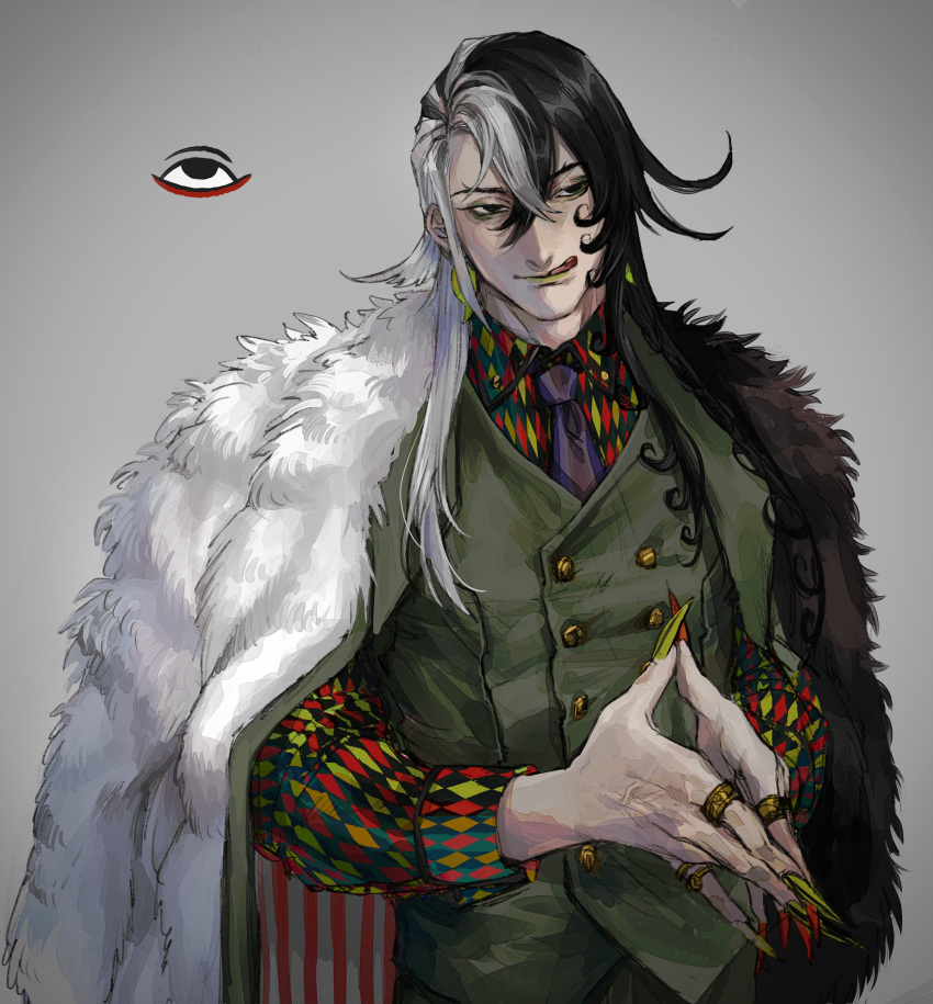 1boy :q absurdres alternate_costume alternate_hairstyle ashiya_douman_(fate) asymmetrical_hair black_eyes black_hair curly_hair earrings fate/grand_order fate_(series) fingernails formal fur_jacket green_eyeshadow green_lipstick green_nails green_pants green_vest hair_between_eyes highres jewelry licking lipstick long_hair looking_to_the_side magatama magatama_earrings makeup male_focus multicolored_hair multiple_rings necktie noka_(noka8103) own_hands_together pants sharp_fingernails solo tongue tongue_out two-tone_hair upper_body very_long_fingernails very_long_hair vest white_hair