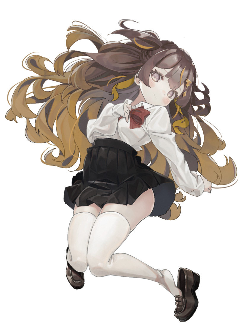 1girl alternate_costume anya_melfissa anzi bangs black_skirt blonde_hair blush bow breasts brown_hair clenched_hands gradient_hair grey_eyes highres hololive hololive_indonesia jumping medium_breasts multicolored_hair red_bow school_uniform shirt shirt_tucked_in skindentation skirt smile solo streaked_hair thigh-highs two_side_up virtual_youtuber white_background white_shirt