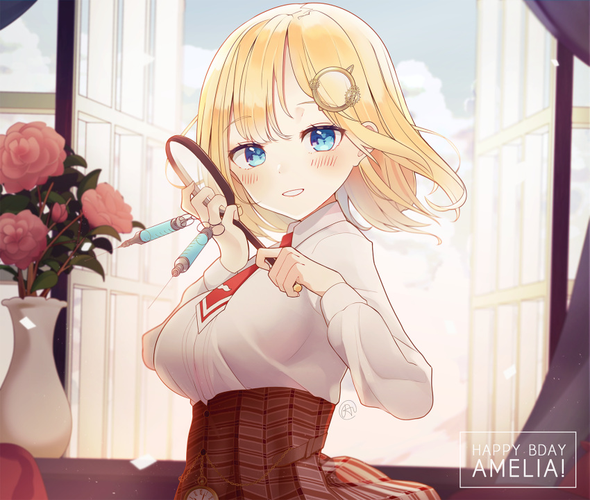 1girl :d aftergardens bangs blonde_hair blue_eyes blue_sky blush bralines breasts brown_skirt character_name clouds collar collared_shirt confetti curtains english_text eyebrows_visible_through_hair flower hair_ornament happy_birthday highres hololive hololive_english indoors large_breasts long_sleeves looking_at_viewer magnifying_glass medium_hair monocle monocle_hair_ornament necktie open_mouth open_window pink_flower pink_rose plaid plaid_skirt plant pleated_skirt pocket_watch potted_plant red_neckwear rose shirt shirt_tucked_in signature skirt sky smile solo syringe upper_body virtual_youtuber watch watson_amelia white_collar white_shirt window