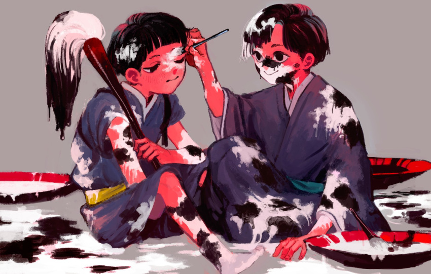 2boys animal_print bangs black_eyes black_hair blue_kimono blunt_bangs colored_skin cow_print grey_background half-closed_eyes highres japanese_clothes kimono moon8_8sun multiple_boys one_eye_closed original paint paintbrush red_skin short_hair simple_background sitting socks white_footwear white_paint