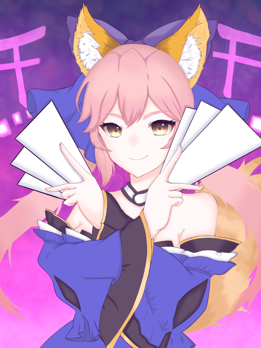 1girl absurdres animal_ear_fluff animal_ears artist_request bare_shoulders blue_kimono blue_ribbon blush breasts detached_sleeves eyebrows_visible_through_hair fate/extella fate/extra fate/extra_ccc fate/grand_order fate_(series) fox_ears fox_girl fox_tail hair_ribbon highres japanese_clothes kimono large_breasts looking_at_viewer nose_blush pink_hair ribbon solo tail tamamo_(fate)_(all) tamamo_no_mae_(fate) yellow_eyes