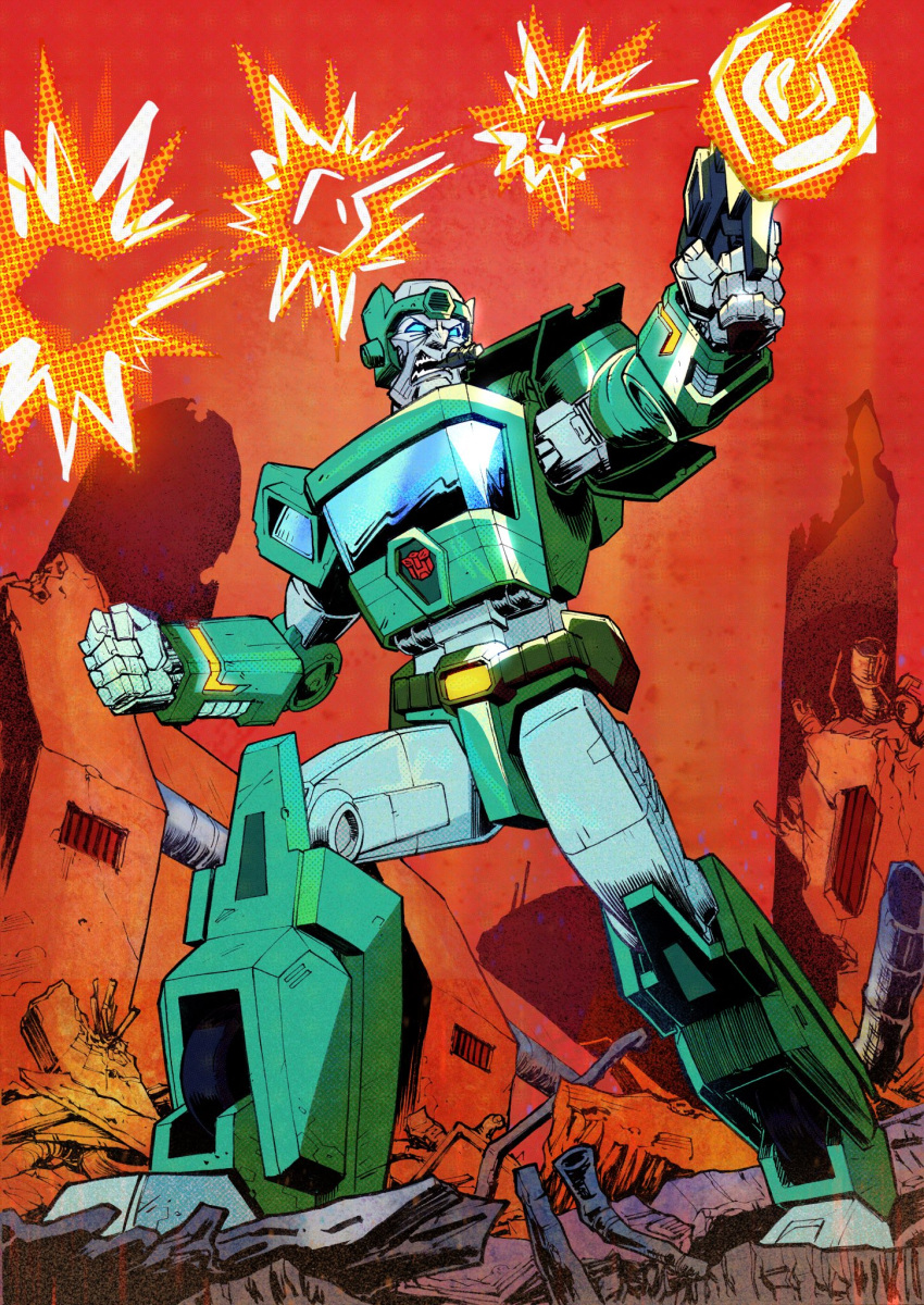 1boy autobot blue_eyes cigar clenched_hand collaboration english_commentary explosion firing gun highres holding holding_gun holding_weapon kup looking_up losineko mecha nick_roche no_humans science_fiction solo the_transformers_(idw) transformers weapon