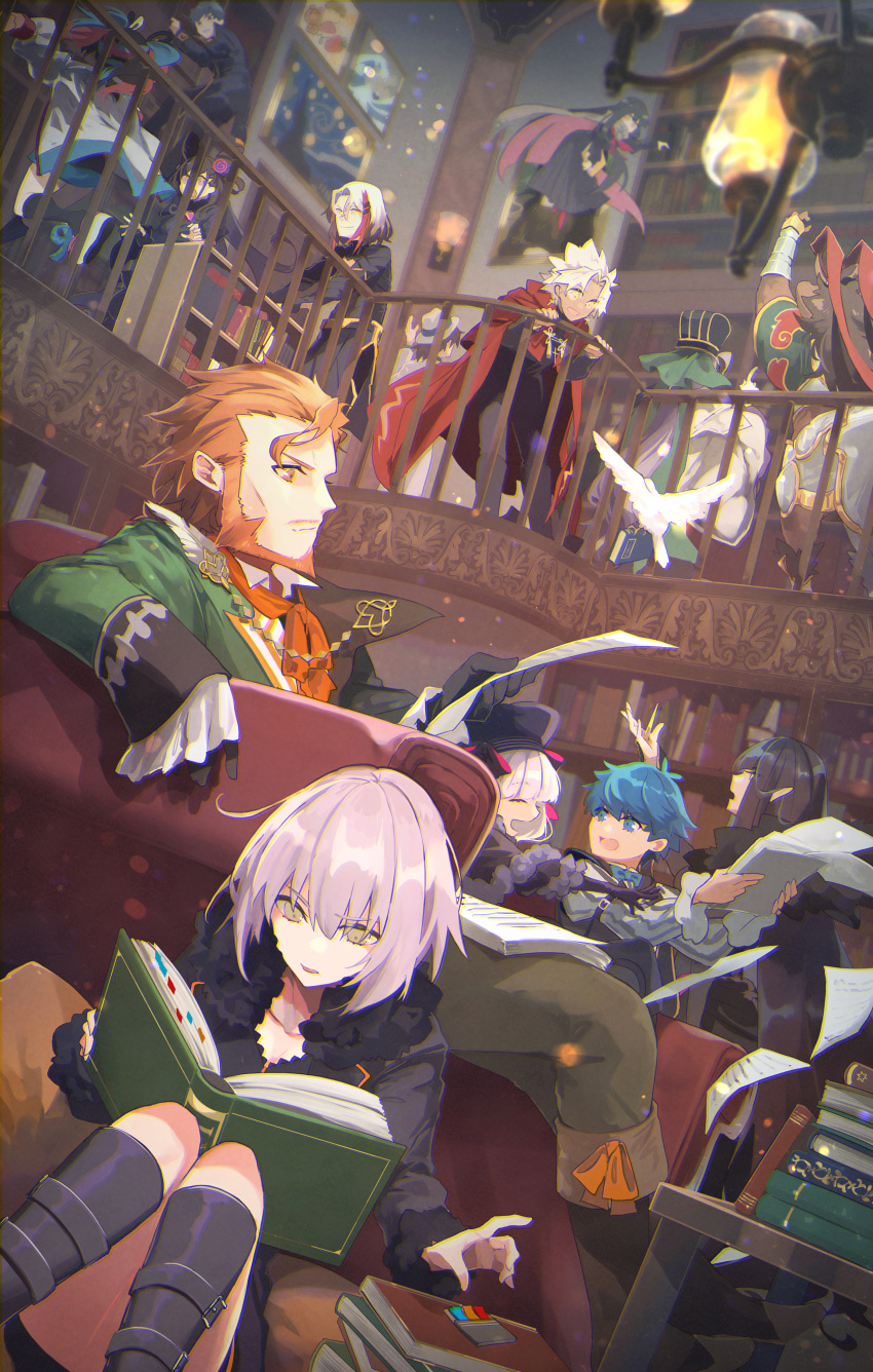 absurdres amakusa_shirou_(fate) armchair beard bird book bookshelf boots centaur chair chen_gong_(fate) dove facial_hair fate/grand_order fate_(series) fedora gloves hans_christian_andersen_(fate) hat highres huge_filesize jeanne_d'arc_(alter)_(fate) jeanne_d'arc_(fate)_(all) library long_hair murasaki_shikibu_(fate) mustache nursery_rhyme_(fate/extra) odysseus_(fate/grand_order) oryou_(fate) painting_(object) paper pointy_ears reading red_hare_(fate/grand_order) saitou_hajime_(fate) sakamoto_ryouma_(fate) scarf sei_shounagon_(fate) semiramis_(fate) sitting tia_(cocorosso) william_shakespeare_(fate)