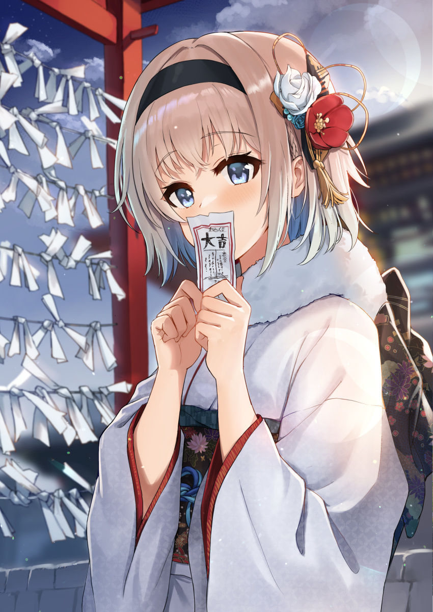 1girl absurdres arms_up ayul_(ayulneri_92) bangs blue_eyes blue_sky blurry blurry_background clouds commentary_request covering_mouth crossed_bangs day eyebrows_visible_through_hair flower fur_collar grey_hair hair_flower hair_intakes hair_ornament hairband highres holding japanese_clothes kimono long_sleeves looking_at_viewer nengajou new_year obi omikuji original outdoors revision sash short_hair shrine sky solo upper_body white_kimono wide_sleeves