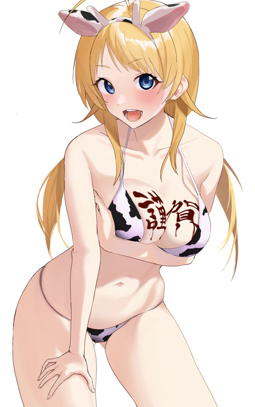 1girl :d ahoge animal_ears animal_print bikini blue_eyes body_writing breasts collarbone commentary_request cow_ears cow_horns cow_print eyebrows_visible_through_hair fake_animal_ears fake_horns hachimiya_meguru hand_on_own_thigh highres horns idolmaster idolmaster_shiny_colors large_breasts looking_at_viewer miito_(meeeeton333) navel open_mouth simple_background smile solo standing swimsuit translation_request white_background white_bikini