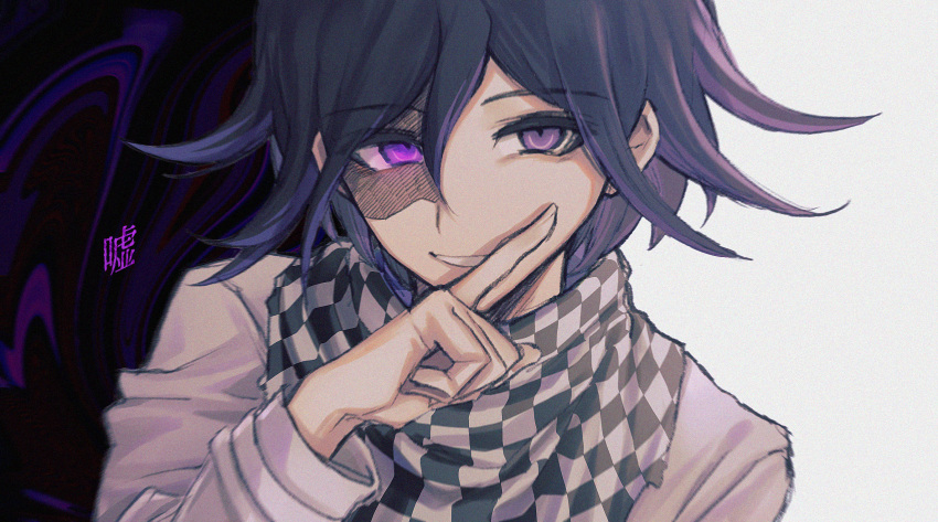 1boy aji_kosugi bangs black_background black_hair checkered checkered_neckwear checkered_scarf commentary_request dangan_ronpa_(series) dangan_ronpa_v3:_killing_harmony face finger_to_cheek glowing glowing_eye grey_jacket hair_between_eyes highres huge_filesize index_finger_raised jacket long_sleeves looking_at_viewer male_focus multicolored_hair ouma_kokichi purple_background purple_hair scarf short_hair smile solo straitjacket two-tone_hair upper_body violet_eyes white_background