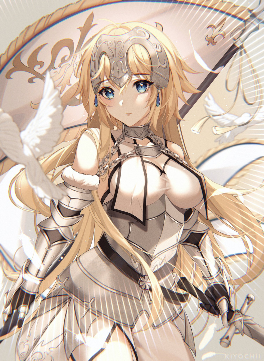 1girl ahoge armor armored_dress banner blue_eyes braid breast_curtains breasts chain cuirass fate/apocrypha fate/grand_order fate_(series) flag gauntlets headpiece highres holding holding_flag holding_sword holding_weapon jeanne_d'arc_(fate) jeanne_d'arc_(fate)_(all) kiyochii long_braid long_hair looking_at_viewer medium_breasts open_mouth side_slit single_braid solo sword weapon