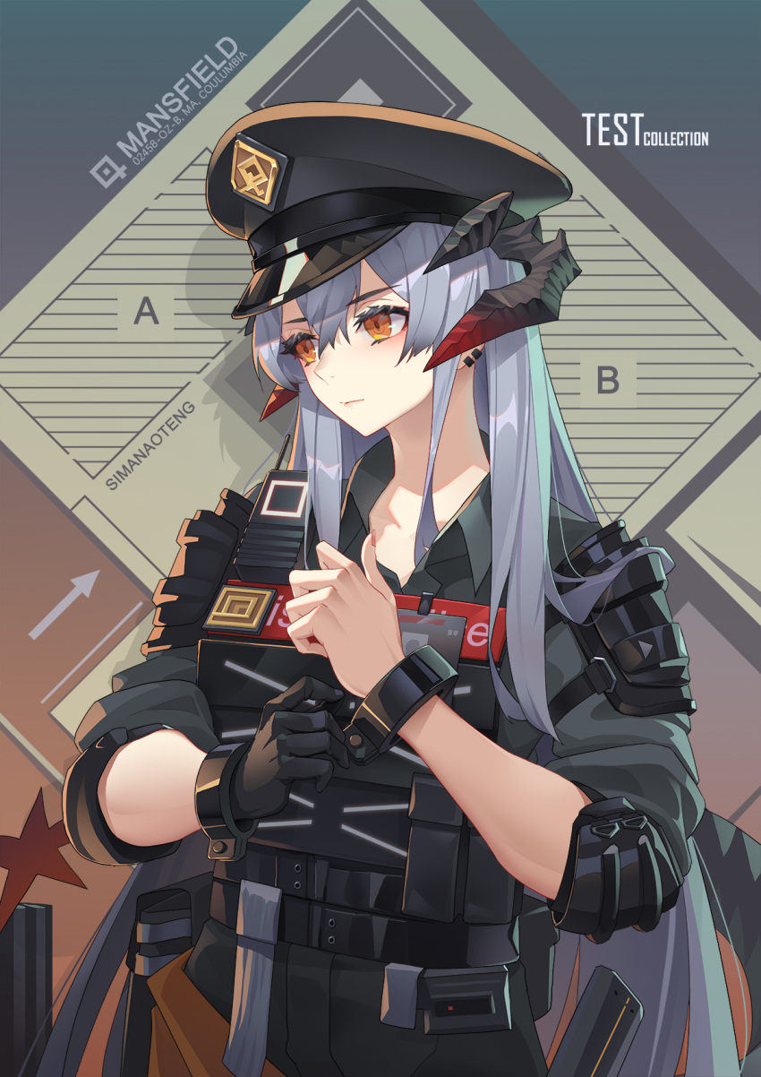 1girl arknights artist_name bangs black_gloves closed_mouth commentary_request dragon_horns earrings elbow_pads gloves grey_shirt hair_between_eyes hat highres horns jewelry long_hair military_hat official_alternate_costume orange_eyes peaked_cap plate_carrier saria_(arknights) saria_(iron_law)_(arknights) shirt shoulder_pads silver_hair sima_naoteng single_glove solo upper_body walkie-talkie wrist_cuffs