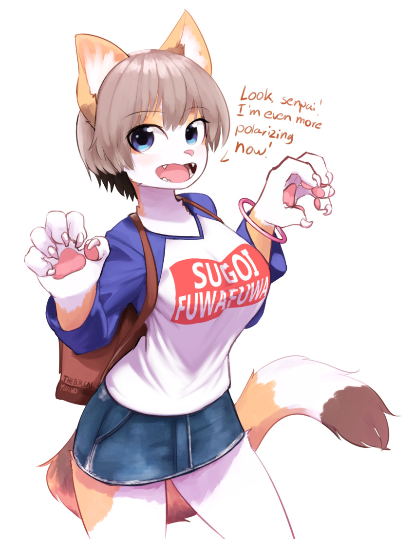 1girl :d animal_ears backpack bag blue_eyes breasts brown_fur cat_ears cat_tail claw_pose claws clothes_writing colored_skin commentary contrapposto cowboy_shot denim denim_skirt english_commentary english_text eyebrows_visible_through_hair fangs furrification furry grey_hair hands_up highres large_breasts looking_at_viewer miniskirt open_mouth paws raglan_sleeves shirt short_hair simple_background skirt smile solo striped_tail sugoi_dekai tail uzaki-chan_wa_asobitai! uzaki_hana white_background white_fur white_shirt white_skin yellow_fur yellow_skin yoako