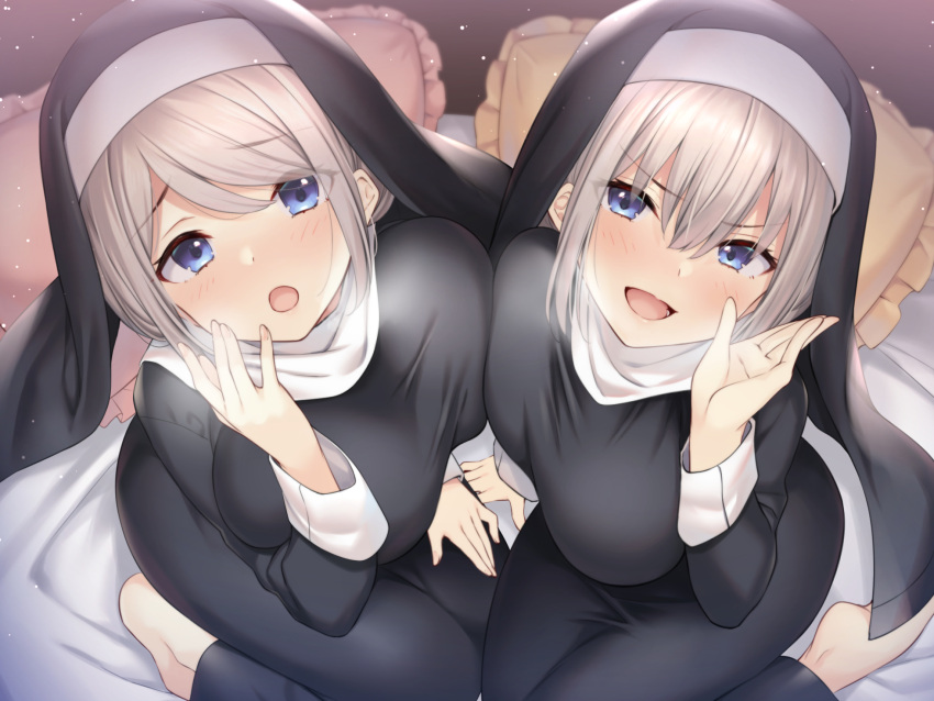2girls :o asymmetrical_docking bangs barefoot bed bed_sheet black_dress blue_eyes blush breast_press breasts dress eyebrows_visible_through_hair fingernails frilled_pillow frills habit hair_between_eyes hand_to_own_mouth highres indoors kokusan_moyashi large_breasts long_hair long_sleeves looking_at_viewer multiple_girls nail_polish non-web_source nun on_bed open_mouth original pillow pink_nails pov siblings sisters sitting sitting_on_bed smile take_your_pick twins veil