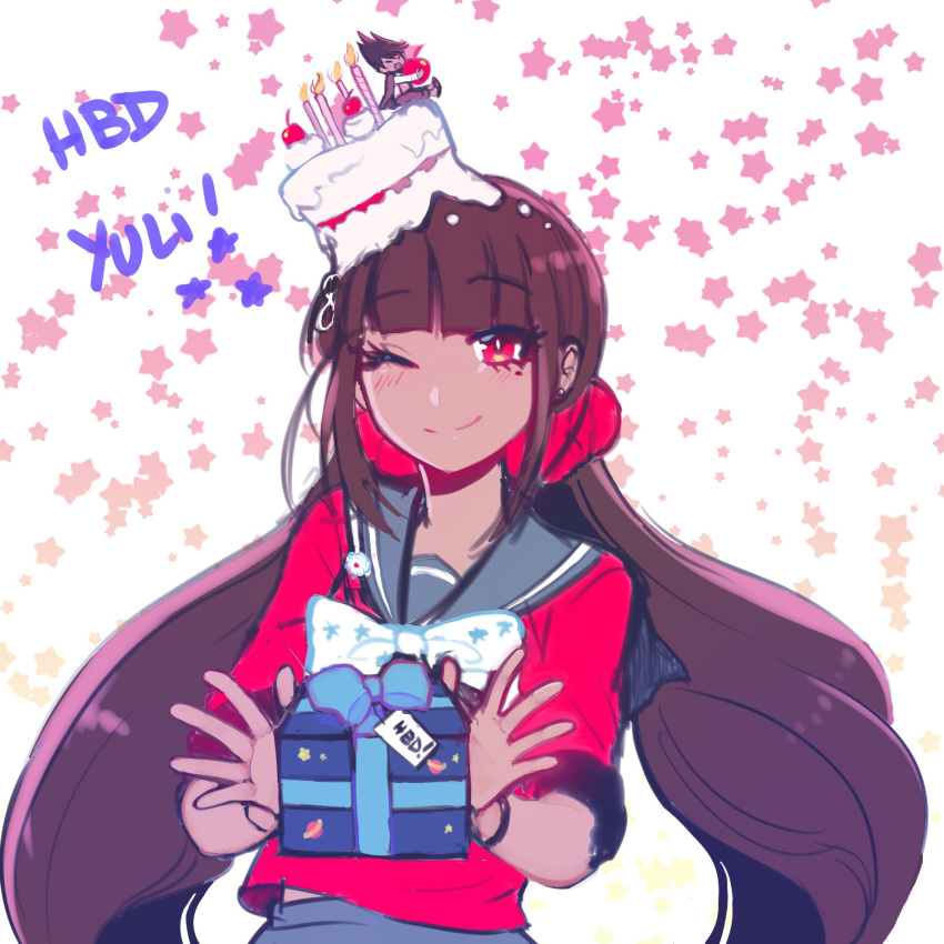 1girl 310v3 ;) bangs black_hair blunt_bangs box brown_hair cake candle cherry commentary dangan_ronpa_(series) dangan_ronpa_v3:_killing_harmony english_commentary eyebrows_visible_through_hair food food_on_head fruit gift gift_box hair_ornament hair_scrunchie happy_birthday harukawa_maki highres holding holding_gift long_hair looking_at_viewer low_twintails miniboy mole mole_under_eye momota_kaito object_on_head one_eye_closed red_eyes red_scrunchie red_shirt sailor_collar school_uniform scrunchie serafuku shirt skirt smile solo_focus twintails upper_body very_long_hair
