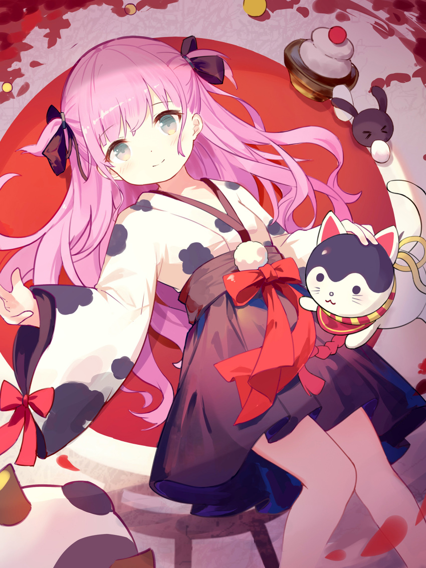 &gt;_&lt; 1girl animal animal_print black_bow black_hakama blush bow breasts closed_eyes closed_mouth commentary_request cow_print dog feet_out_of_frame grey_eyes hair_bow hakama highres japanese_clothes kagami_mochi katou_umi kimono leilin long_hair long_sleeves looking_at_viewer lying on_back pink_hair print_kimono rabbit revision small_breasts smile solo summer_pockets two_side_up very_long_hair white_kimono wide_sleeves