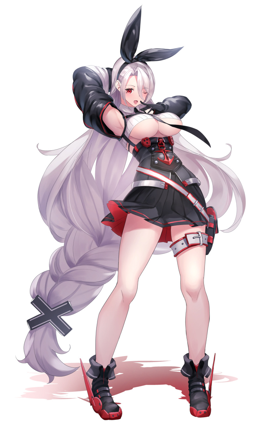 1girl ;d absurdly_long_hair amano_hagoromo anchor_symbol ankle_boots arm_behind_head armpits arms_up azur_lane bangs black_footwear black_gloves black_hairband black_neckwear black_sleeves blush boots braid breasts collared_shirt commentary crop_top detached_sleeves eyebrows_visible_through_hair full_body gloves hair_between_eyes hair_over_one_eye hairband high-waist_skirt highres iron_cross large_breasts leg_belt long_hair looking_at_viewer low-tied_long_hair mole mole_under_eye necktie one_eye_closed open_mouth parted_bangs pleated_skirt pouch prinz_heinrich_(azur_lane) red_eyes ribbed_shirt shadow shirt sidelocks simple_background skirt smile solo standing under_boob very_long_hair white_background white_hair white_shirt