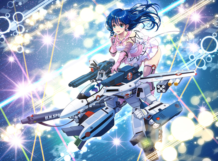 1boy 1girl battle black_hair cable canopy choujikuu_yousai_macross couple dress energy_beam energy_cannon explosion gerwalk giant giantess gloves good_end gunpod handlebar highres ichijou_hikaru laser_beam lynn_minmay maclone macross macross:_do_you_remember_love? mecha microphone missile missile_pod music nuclear_weapon redesign riding roundel science_fiction singing skirt songstress space star_(sky) starry_background strap thrusters u.n._spacy v-mag variable_fighter vf-1 vf-1_strike vf-1s