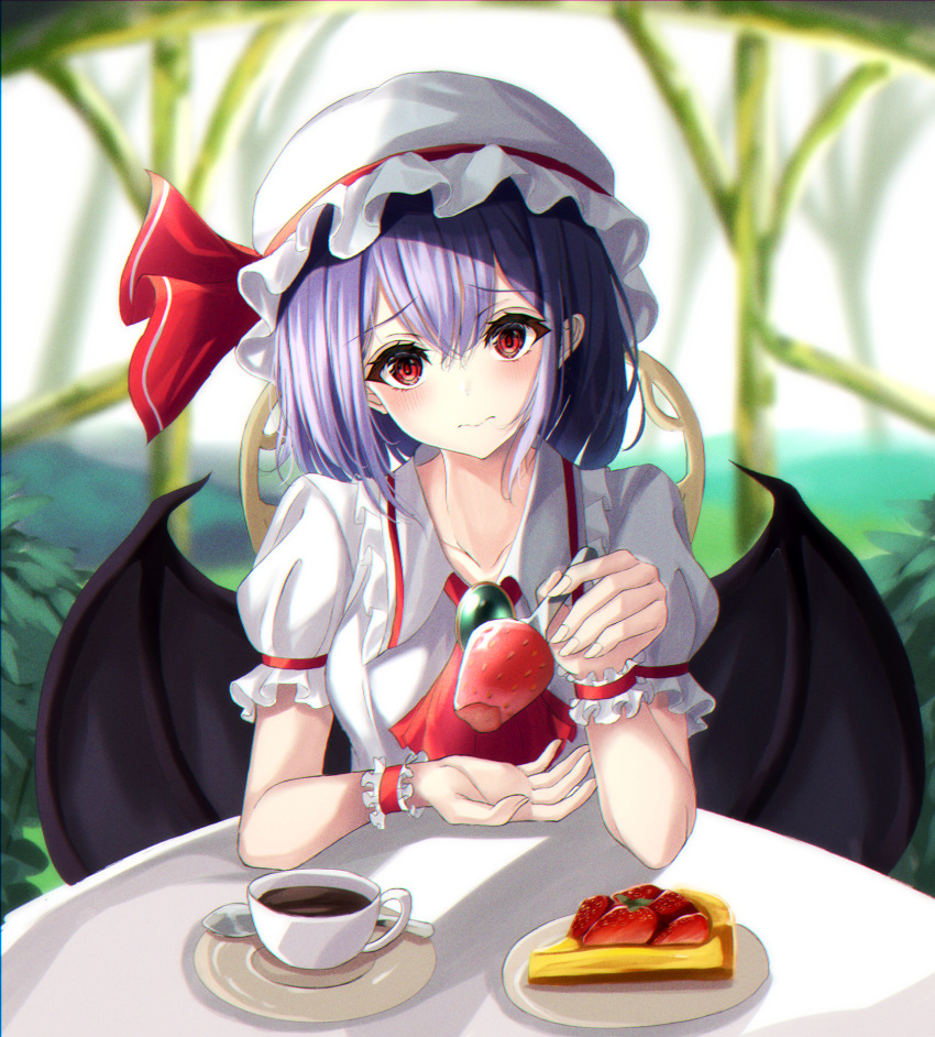 1girl ascot bangs bat_wings blurry blurry_background blush breasts bridge brooch cake cake_slice chromatic_aberration closed_mouth collarbone commentary_request cup day dress eyebrows_visible_through_hair fingernails food fork fruit hair_between_eyes hat hat_ribbon highres holding holding_fork jewelry kure:kuroha looking_at_viewer medium_hair mob_cap open_hand outdoors plant plate puffy_short_sleeves puffy_sleeves purple_hair red_eyes red_neckwear red_ribbon remilia_scarlet ribbon saucer short_sleeves small_breasts solo spoon strawberry table teacup touhou tree upper_body wavy_mouth white_dress white_headwear wings wrist_cuffs