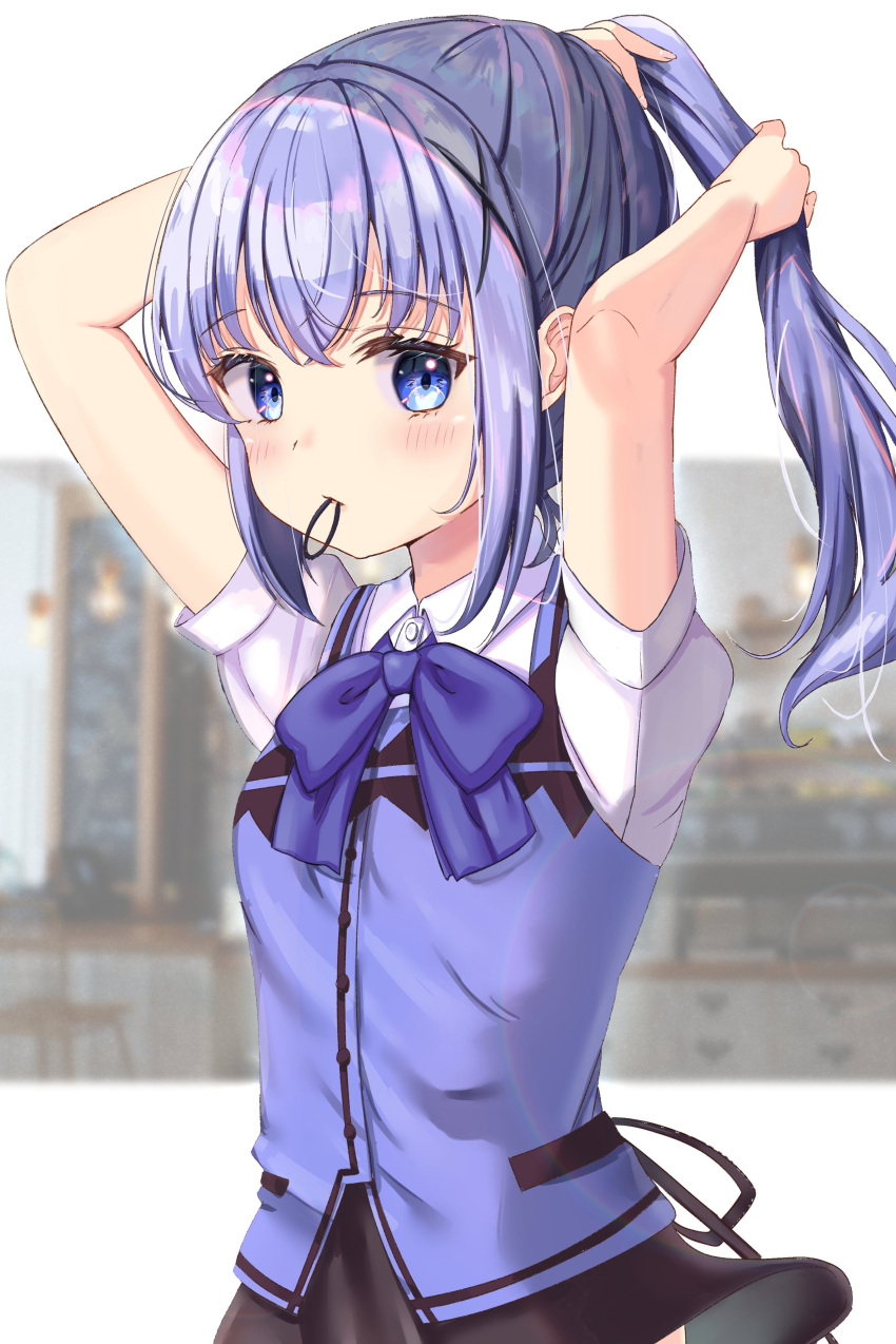 1girl absurdres arms_up bangs black_ribbon black_skirt blue_eyes blue_hair blue_neckwear blue_vest blurry blurry_background blush collared_shirt dress_shirt eyebrows_visible_through_hair gochuumon_wa_usagi_desu_ka? hair_between_eyes hair_ornament highres kafuu_chino long_hair mouth_hold ponytail rabbit_house_uniform rain_sunny ribbon shiny shiny_hair shirt short_sleeves skirt solo standing tying_hair upper_body vest white_shirt wing_collar x_hair_ornament