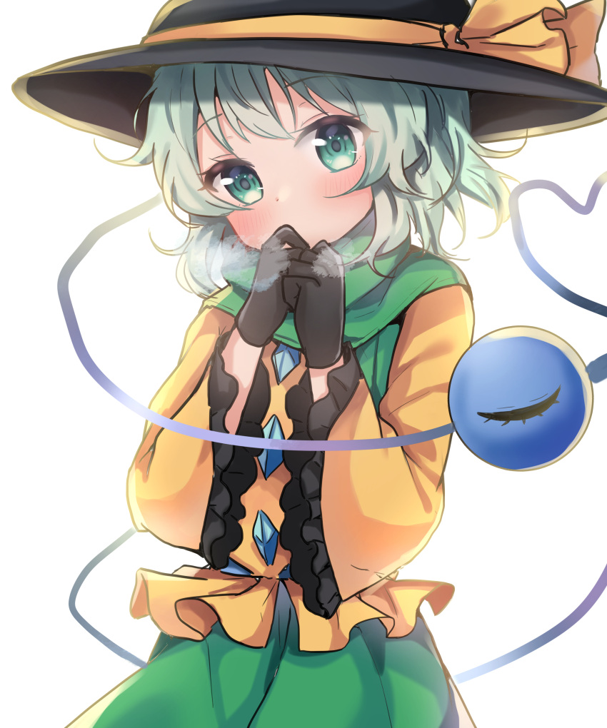 1girl absurdres bangs black_gloves black_headwear blouse blush breath covering_mouth cowboy_shot eyeball eyebrows_visible_through_hair frills gloves green_eyes green_hair green_scarf green_skirt hanen_(borry) hat hat_ribbon head_tilt heart heart_of_string highres komeiji_koishi looking_at_viewer ribbon scarf short_hair simple_background skirt solo standing third_eye touhou white_background wide_sleeves yellow_blouse yellow_ribbon