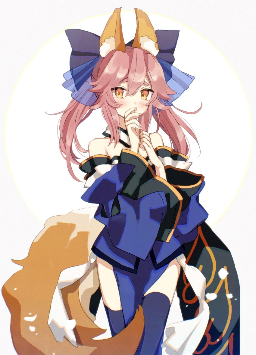 1girl animal_ear_fluff animal_ears bare_shoulders blue_kimono blue_legwear blue_ribbon blush collarbone detached_sleeves fate/extella fate/extra fate/extra_ccc fate/grand_order fate_(series) fox_ears fox_girl fox_tail hair_ribbon highres japanese_clothes kimono looking_at_viewer matsuoka_(mtok_0) nail_polish pink_hair ribbon solo tail tamamo_(fate)_(all) tamamo_no_mae_(fate) yellow_eyes