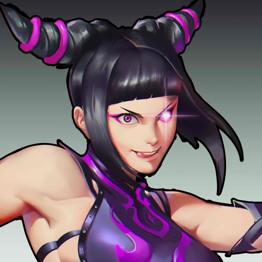 1girl artist_request bangs black_hair blunt_bangs breasts capcom detached_sleeves drill_hair eyeshadow female glowing_eyes gradient_background halterneck han_juri licking_lips pink_eyes pink_eyeshadow sideboob sidelocks smile solo street_fighter street_fighter_v tongue tongue_out twin_drills upper_body wide-eyed