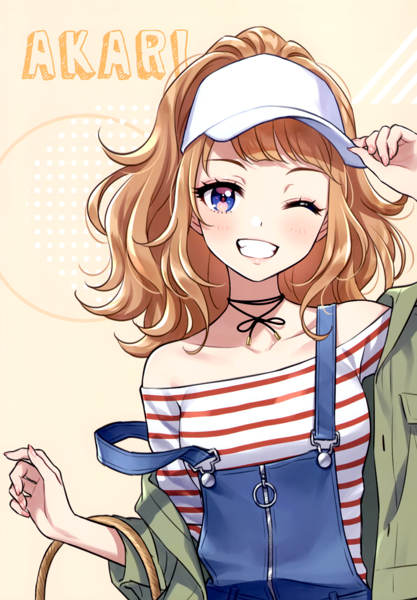 1girl absurdres bangs blonde_hair blue_eyes breasts closed_mouth fingernails highres lips long_hair looking_at_viewer morikura_en off_shoulder one_eye_closed original parted_lips scan small_breasts smile solo striped upper_body visor_cap
