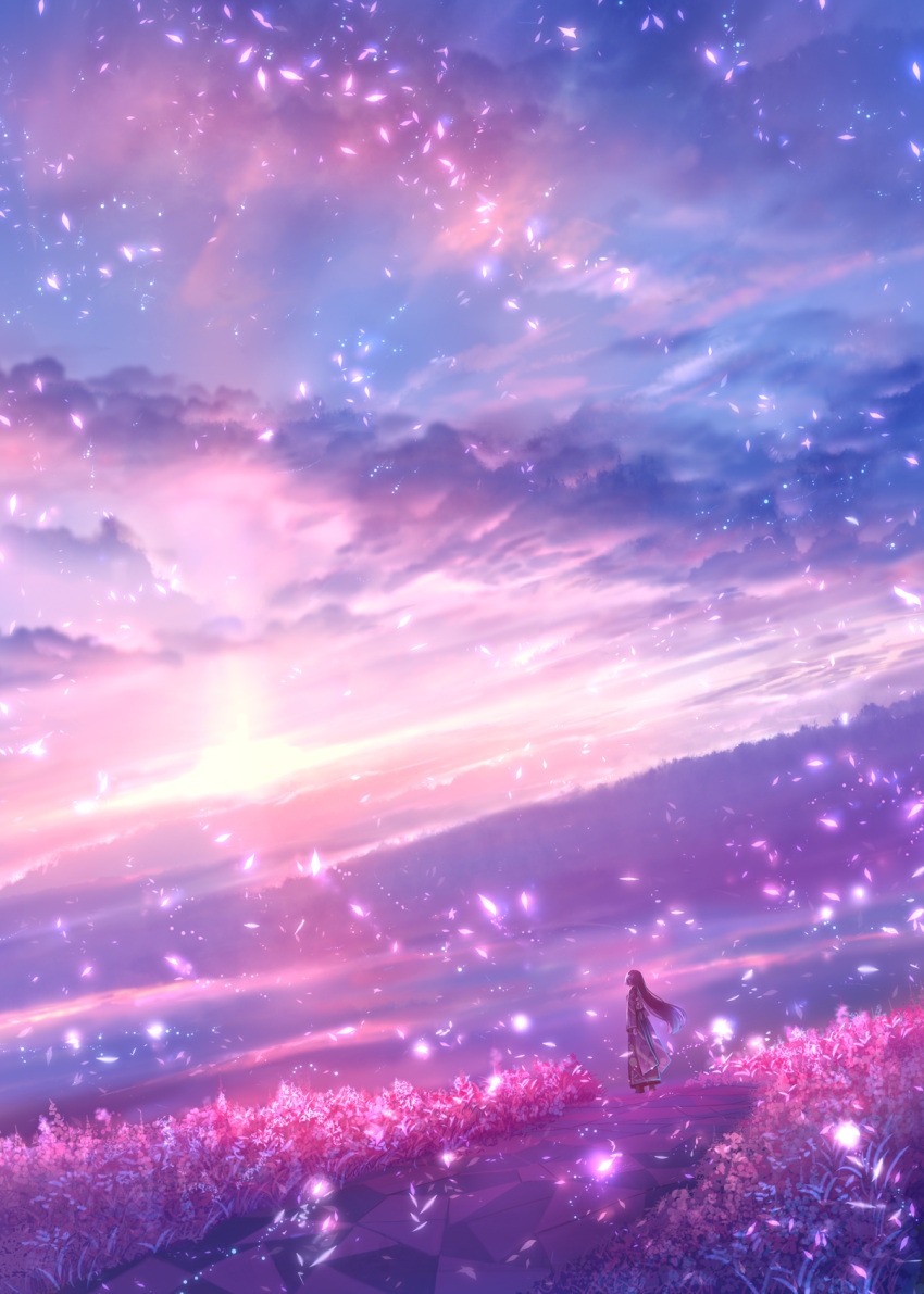 1girl clouds cloudy_sky dutch_angle field highres light_particles long_hair original outdoors purple_theme sakimori_(hououbds) scenery sky solo standing sunlight