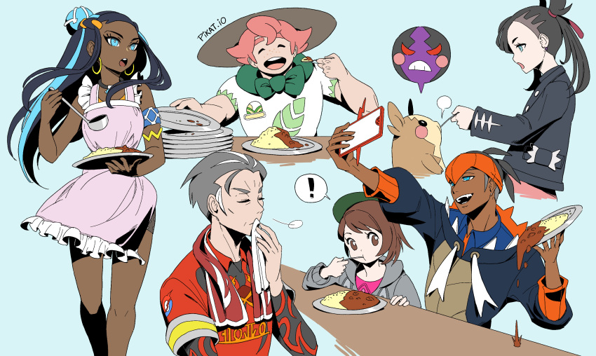 3boys 3girls apron armlet beige_headwear bike_shorts black_hair black_hoodie black_jacket blue_eyes blue_hair bob_cut brown_eyes brown_hair cardigan closed_eyes collared_shirt commentary curry dark_skin dark-skinned_female dark_skinned_male earrings eating feeding food freckles gen_4_pokemon gen_8_pokemon gloria_(pokemon) green_eyes green_headwear grey_cardigan gym_leader hair_bun hair_ribbon hat highres holding holding_ladle hood hooded_cardigan hoodie hoop_earrings jacket jewelry kabu_(pokemon) knees ladle long_hair marnie_(pokemon) milo_(pokemon) morpeko morpeko_(full) morpeko_(hangry) multicolored_hair multiple_boys multiple_girls necklace nessa_(pokemon) open_mouth pikat pink_apron pink_hair plate pokemon pokemon_(creature) pokemon_(game) pokemon_swsh raihan_(pokemon) red_ribbon ribbon rice rotom rotom_phone shirt short_hair short_sleeves smile spilling sun_hat tam_o'_shanter teeth tongue towel towel_around_neck two-tone_hair wiping_mouth