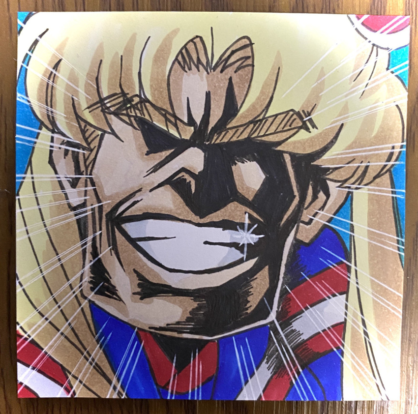 all_might blonde_hair boku_no_hero_academia derivative_work emphasis_lines fujidai_(d-works) glint grin highres photo_(medium) portrait sailor_moon_redraw_challenge screencap_redraw smile solo sparkle teeth thick_eyebrows traditional_media