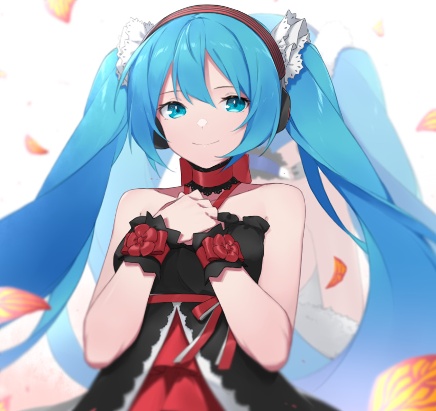 2girls back-to-back bangs bare_shoulders black_dress blue_choker blue_eyes blue_hair choker closed_mouth collarbone commentary dress dual_persona eyebrows_behind_hair facing_away fhang hair_between_eyes hands_up hatsune_miku headphones long_hair multiple_girls red_choker simple_background sleeveless sleeveless_dress smile solo_focus twintails upper_body very_long_hair vocaloid white_background wrist_cuffs