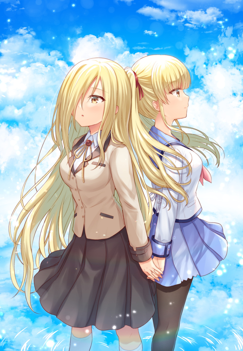 :o angel_beats! back-to-back bangs black_legwear black_skirt blazer blonde_hair blue_sailor_collar blue_skirt blue_sky blush breasts brown_eyes brown_jacket character_request closed_mouth clouds cloudy_sky collared_shirt commentary_request day eyebrows_visible_through_hair hair_over_one_eye highres holding_hands interlocked_fingers jacket kneehighs looking_away medium_breasts nakamura_hinato neck_ribbon neckerchief outdoors pantyhose parted_lips pink_neckwear pleated_skirt ribbon sailor_collar shirt skirt sky twintails white_legwear white_shirt yellow_ribbon yusa_(angel_beats!)