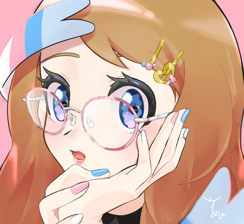 1girl bangs bespectacled blue_eyes blue_nails brown_hair commentary_request eyelashes fingernails gen_6_pokemon glasses hair_ornament hairclip hand_on_own_cheek hand_on_own_face highres long_hair looking_at_viewer open_mouth pink-framed_eyewear pink_nails pokemon pokemon_(game) pokemon_xy portrait serena_(pokemon) signature solo surumeika_(ninfiiiir) sylveon