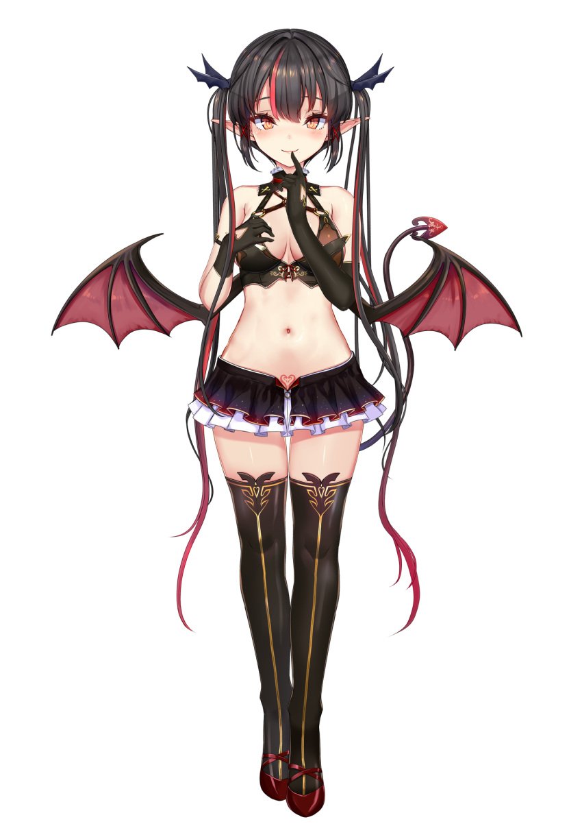 1girl akasaai asymmetrical_gloves black_gloves black_hair black_legwear blush demon_girl demon_tail demon_wings finger_to_mouth full_body gloves hair_ornament highres index_finger_raised long_hair looking_at_viewer lovelia multicolored_hair navel official_art orange_eyes pointy_ears pubic_tattoo red_footwear redhead skirt smile solo streaked_hair tail tattoo thigh-highs transparent_background troubledays twintails two-tone_hair very_long_hair wings x_hair_ornament