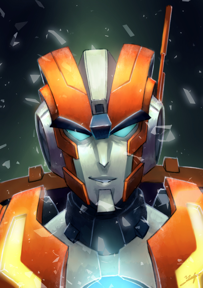 1boy autobot blue_eyes english_commentary highres looking_at_viewer male_focus mecha mimint no_humans portrait radio_antenna rung smirk solo the_transformers_(idw) transformers v-shaped_eyebrows