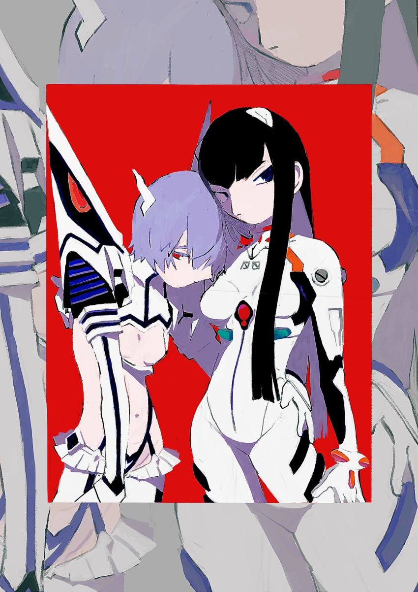 2girls ayanami_rei bangs black_hair bodysuit breasts cof6ta7w cosplay costume_switch cowboy_shot hand_on_another's_hip highres junketsu kill_la_kill kiryuuin_satsuki long_hair medium_breasts multiple_girls navel neon_genesis_evangelion purple_hair red_background revealing_clothes short_hair small_breasts stomach white_bodysuit