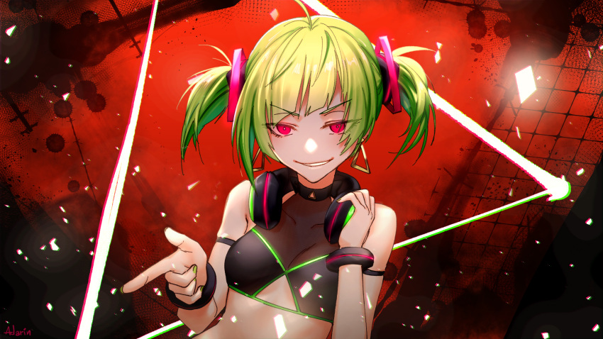 adarinsinner bangs delutaya diagonal_bangs earrings gold_earrings green_hair green_nails hair_behind_ear headphones highres indie_virtual_youtuber jewelry red_background red_eyes short_sidetail short_twintails smile smirk triangle_earrings twintails utaite_(singer) virtual_youtuber