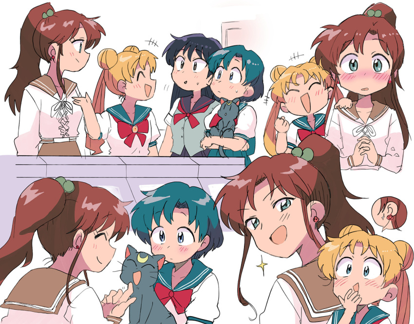 bishoujo_senshi_sailor_moon black_cat blonde_hair blue_hair blush brown_hair cat hino_rei kino_makoto mizuno_ami multiple_girls open_mouth school_uniform short_hair tsubobot tsukino_usagi