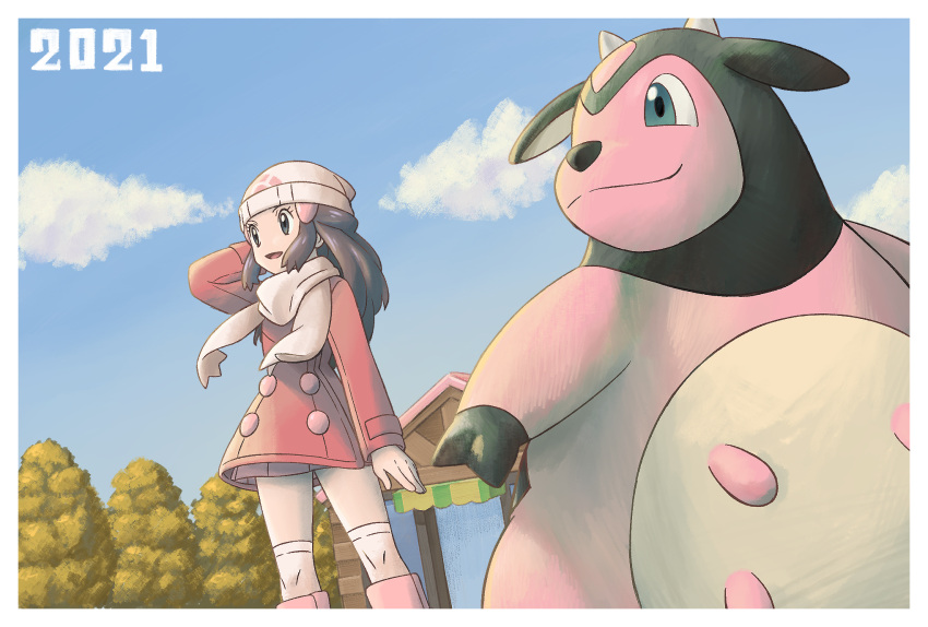 1girl 2021 beanie black_hair boots border clouds coat commentary_request hikari_(pokemon) day eyelashes from_below gen_2_pokemon grey_eyes hair_ornament hairclip hat highres long_hair long_sleeves miltank nengajou new_year open_mouth outdoors over-kneehighs pink_footwear pokemon pokemon_(creature) pokemon_(game) pokemon_dppt pokemon_platinum sawa_(soranosawa) scarf sidelocks sky smile standing thigh-highs tongue tree white_border white_headwear white_legwear white_scarf