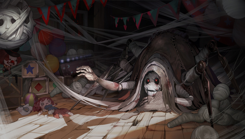 balloon bandages black_headwear broken_mask bug character_request commentary_request doll hand_up hat highres identity_v looking_up mask mask_removed monster official_art red_eyes silk spider spider_web stitches sweater_removed top_hat weapon wooden_floor