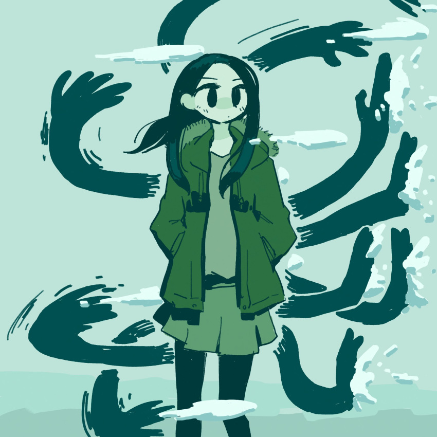 1girl black_eyes black_hair black_legwear coat extra_arms feet_out_of_frame green_coat green_shirt green_skirt highres long_hair original shirt skirt snow snowball snowball_fight solo throwing urajirogashi