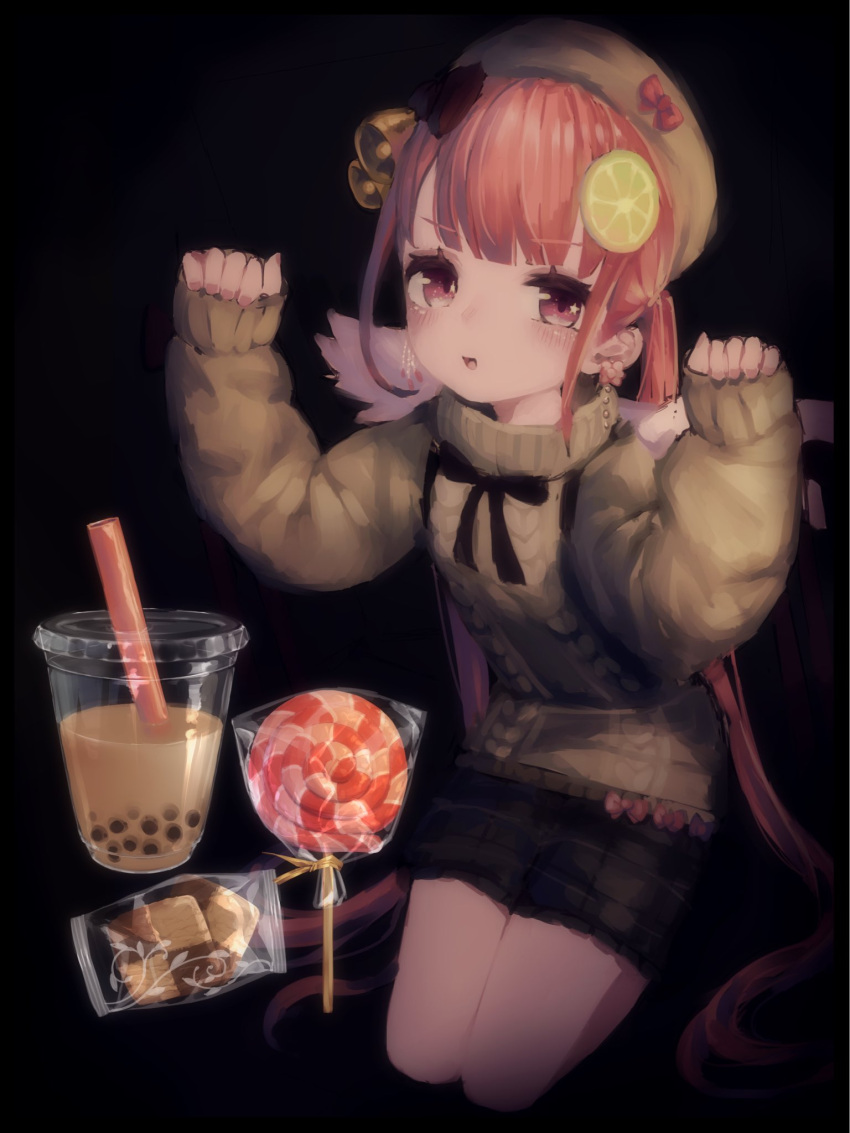1girl bangs bell black_background black_shorts blush brown_headwear brown_sweater bubble_tea candy cookie cup darandy disposable_cup drinking_straw earrings eyebrows_visible_through_hair food hair_bell hair_ornament hat highres jewelry kneeling lollipop long_hair long_sleeves open_mouth original pink_eyes pink_hair ribbon shorts simple_background sleeves_past_wrists solo sweater twintails wings