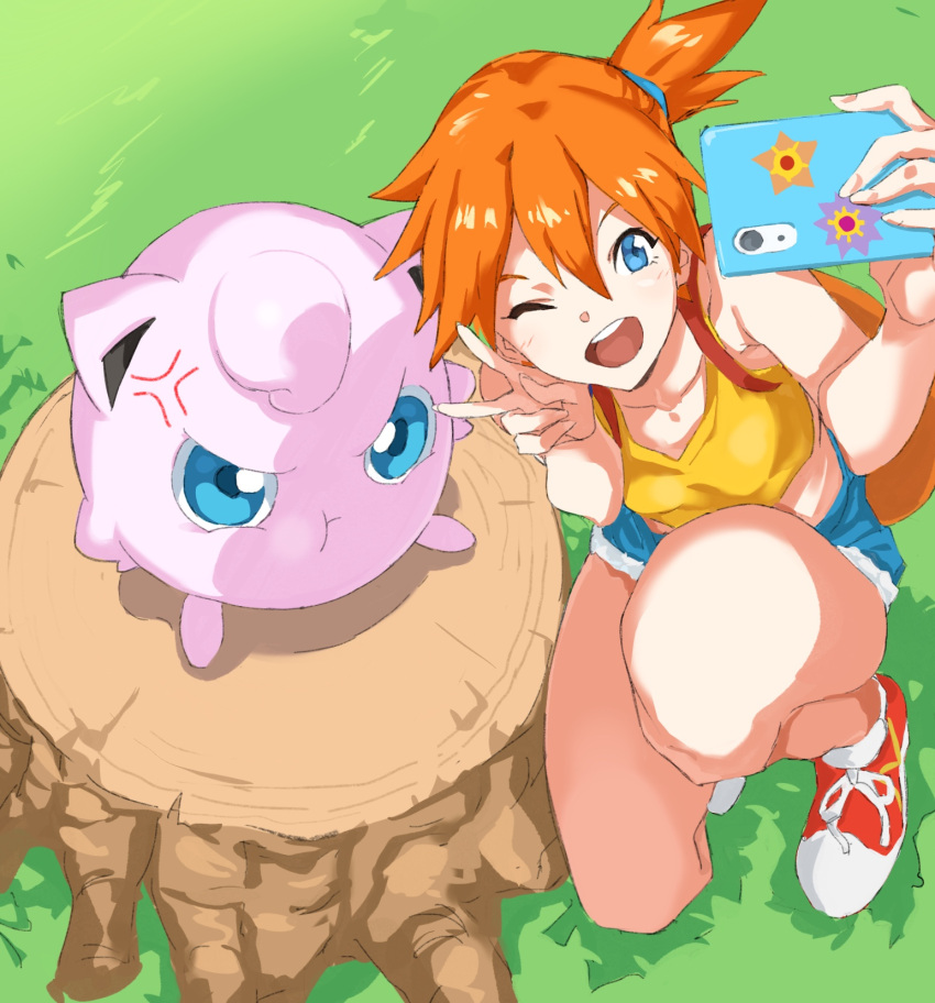 1girl :t ;d anger_vein angry bag bangs bare_arms bare_shoulders blue_eyes blue_shorts breasts cellphone collarbone crop_top cutoffs eyebrows_behind_hair gen_1_pokemon grass hair_between_eyes hair_tie hands_on_hips highres holding holding_phone jigglypuff misty_(pokemon) one_eye_closed one_knee open_mouth orange_hair outdoors phone pokemon pokemon_(anime) pokemon_(classic_anime) pokemon_(creature) pretty-purin720 red_footwear round_teeth self_shot shirt shoelaces shoes short_hair shorts side_ponytail small_breasts smartphone smile starmie staryu tank_top teeth tree_stump v yellow_shirt