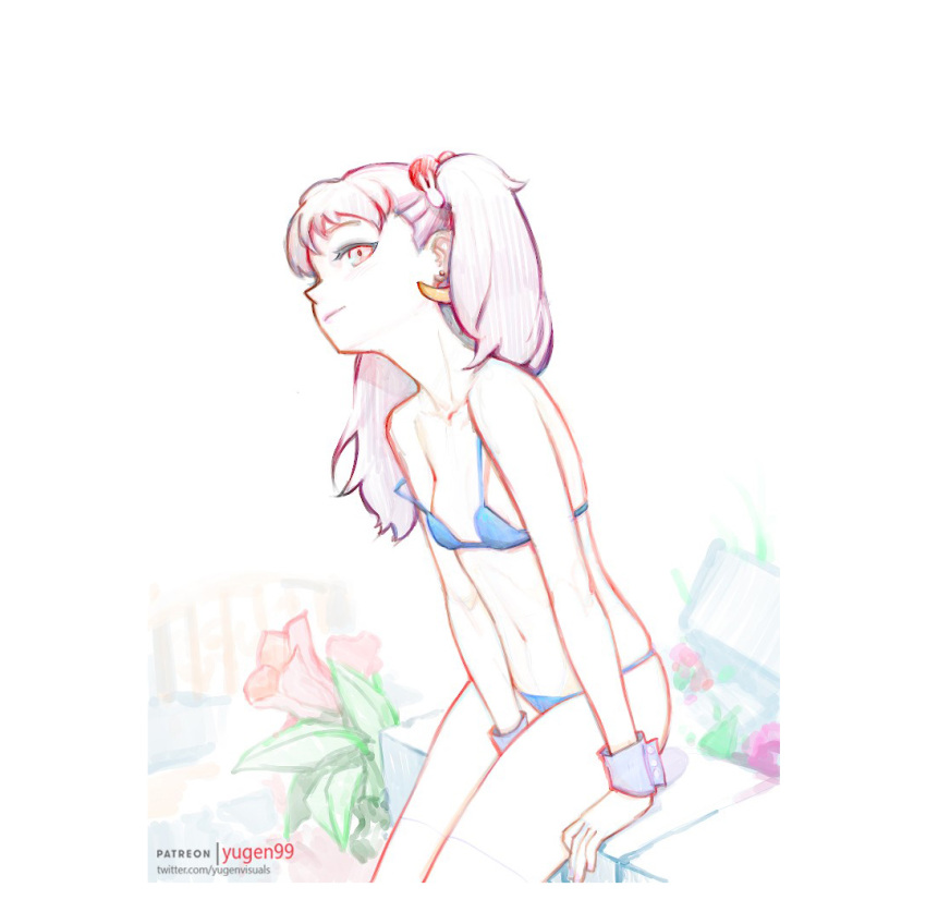 1girl bare_arms bare_legs bare_shoulders bikini blush bra breasts collarbone colored_pencil_(medium) corel_painter crescent crescent_earrings earrings flower hair_bobbles hair_ornament jewelry kantai_collection lineart lips navel panties red_eyes sazanami_(kantai_collection) sketch small_breasts solo swimsuit traditional_media twintails underwear wrist_cuffs yugen99