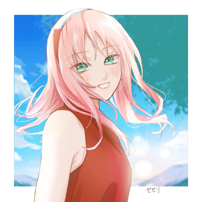 1girl bangs blurry blurry_background blush border eyebrows_visible_through_hair facial_mark floating_hair green_eyes hair_between_eyes haruno_sakura headband highres jacket long_hair looking_at_viewer manbou_0328 naruto naruto_(series) naruto_shippuuden outside_border pink_hair red_headband red_jacket shiny shiny_hair sleeveless sleeveless_jacket solo upper_body white_border