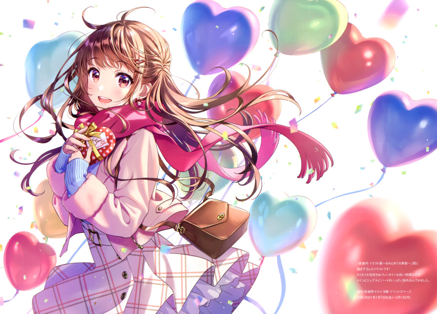 1girl absurdres bag balloon bangs blush box brown_eyes brown_hair buttons confetti earrings eyebrows_visible_through_hair gift handbag heart heart-shaped_box heart_balloon highres holding holding_gift huge_filesize jacket jewelry lips long_sleeves looking_at_viewer lopen_jacket morikura_en open_mouth original pink_jacket pink_scarf scan scarf shiny shiny_hair shoulder_bag simple_background skirt sleeves_past_wrists smile solo white_background zipper_pull_tab