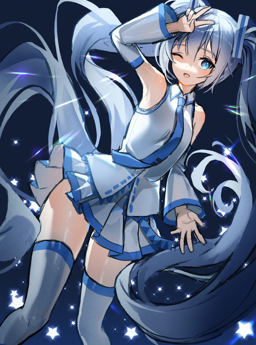 1girl absurdly_long_hair absurdres bare_shoulders black_background blue_nails blue_neckwear cowboy_shot detached_sleeves glowing hair_ornament hand_up hatsune_miku highres huge_filesize hyoin light_blue_eyes light_blue_hair long_hair looking_at_viewer miniskirt nail_polish necktie one_eye_closed open_mouth pleated_skirt refraction shirt silver_legwear silver_skirt silver_sleeves skirt sleeveless sleeveless_shirt smile solo star_(symbol) thigh-highs twintails v very_long_hair vocaloid yuki_miku yuki_miku_(2010) zettai_ryouiki