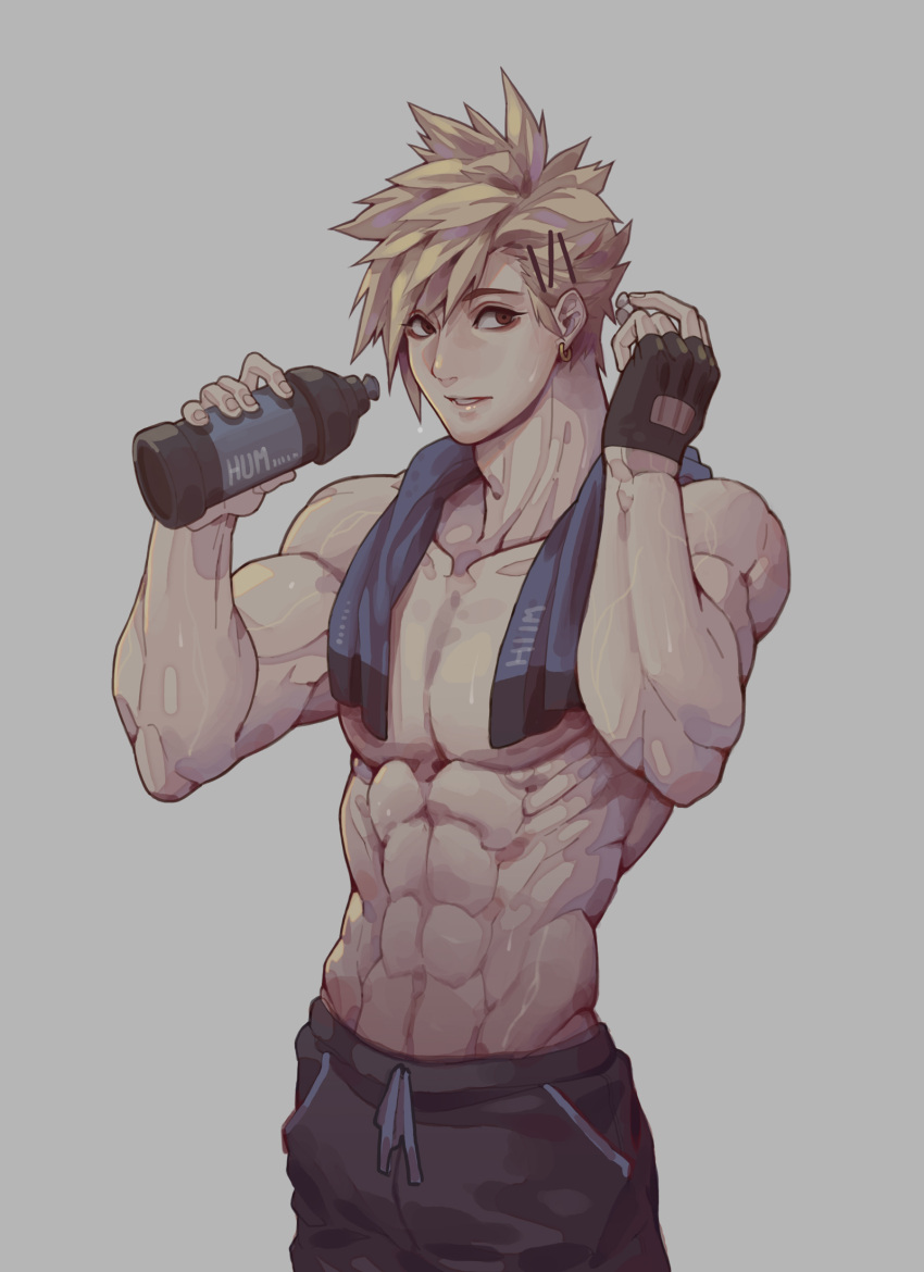 1boy bangs black_gloves black_shorts blonde_hair blue_towel blush bottle chinese_commentary commentary_request cowboy_shot earrings eyes_visible_through_hair fingerless_gloves gloves grey_background hair_ornament hairpin highres holding holding_bottle jewelry jokerpang looking_to_the_side male_focus muscular muscular_male original parted_lips pectorals red_eyes shirtless short_hair shorts simple_background solo spiky_hair standing towel towel_around_neck