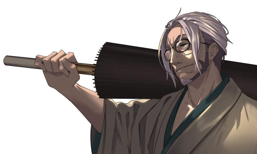 1boy arurandis beard collarbone facial_hair from_side glasses grey_hair highres holding holding_umbrella holostars japanese_clothes kimono looking_ahead male_focus mechjunk one_eye_covered over_shoulder sidelocks smile solo tied_hair umbrella virtual_youtuber yellow_eyes