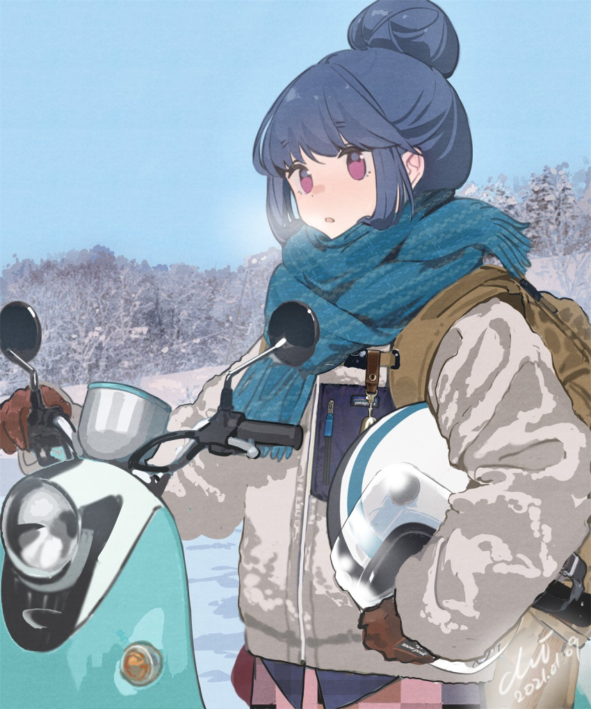 1girl blue_hair blush breath cold gloves ground_vehicle hair_bun helmet highres motor_vehicle nature open_mouth outdoors scarf scooter shima_rin solo violet_eyes winter_clothes xiao_chichi yamaha_vino yurucamp