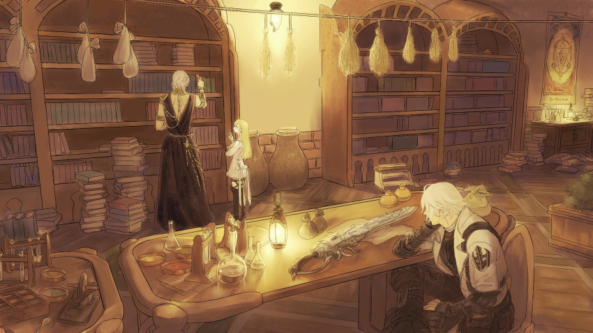 1girl 2boys bag blonde_hair book bookshelf final_fantasy final_fantasy_xiv flask gunblade highres indoors inu_kai_tai lantern long_hair multiple_boys pointy_ears pot ryne silver_hair sitting sleeveless standing table thancred_waters urianger_augurelt weapon