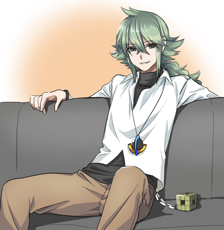 1boy bangs brown_pants collared_shirt commentary_request cube green_eyes green_hair hair_between_eyes highres jewelry long_hair looking_at_viewer male_focus n_(pokemon) nagiru necklace pants parted_lips pokemon pokemon_(game) pokemon_bw shirt sitting smile solo undershirt white_shirt wristband